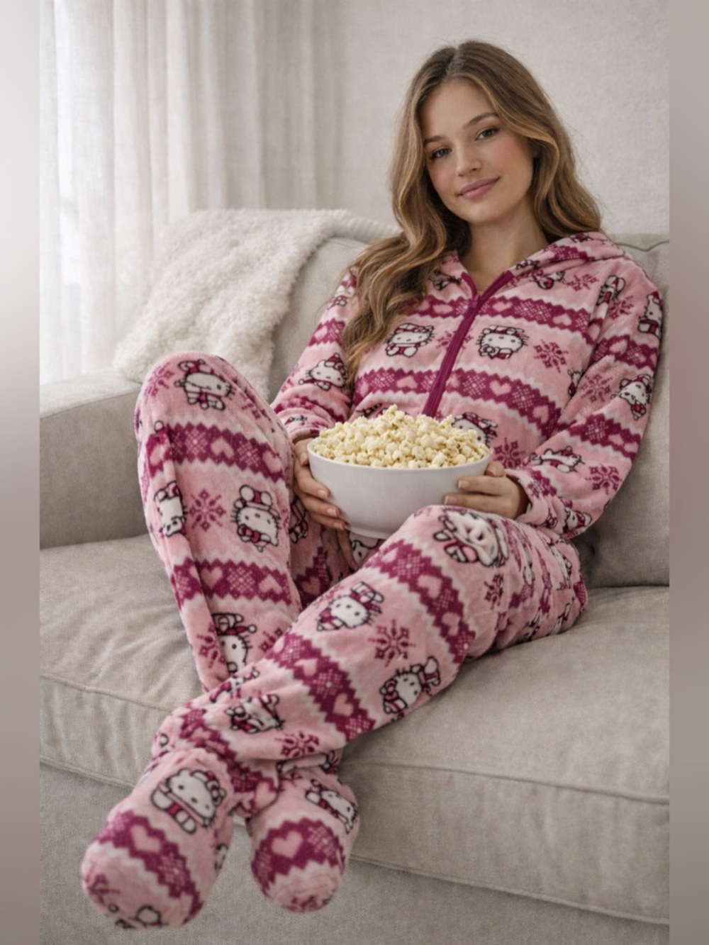 Hello Kitty Pink Fleece Footed Onesie Pajamas Women’s Medium Hooded Cozy Sanrio
